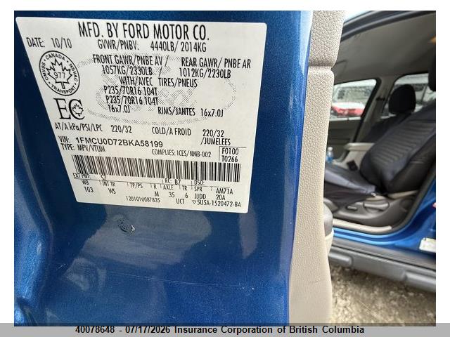 40078648 :رقم المزاد ، 1FMCU0D72BKA58199 vin ، 2011 Ford Escape Xlt مزاد بيع