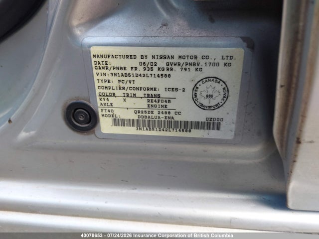 Aukcja sprzedaży 2002 Nissan Sentra Se-r Spec V, vin: 3N1AB51D42L714588, numer aukcji: 40078653