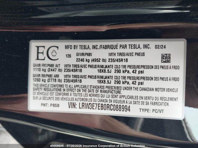 Tesla MODEL 3 2024 LRW3E7EB0RC088994 Image 9