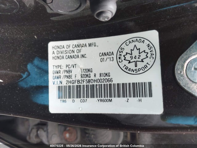 Продажа на аукционе авто 2013 Honda Civic Lx, vin: 2HGFB2F58DH002066, номер лота: 40070225