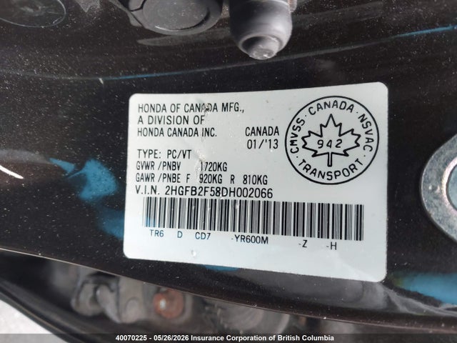 Продажа на аукционе авто 2013 Honda Civic Lx, vin: 2HGFB2F58DH002066, номер лота: 40070225