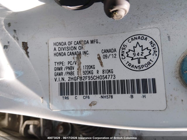 2012 Honda Civic Exl მანქანა იყიდება აუქციონზე, vin: 2HGFB2F95CH054773, აუქციონის ნომერი: 40073829