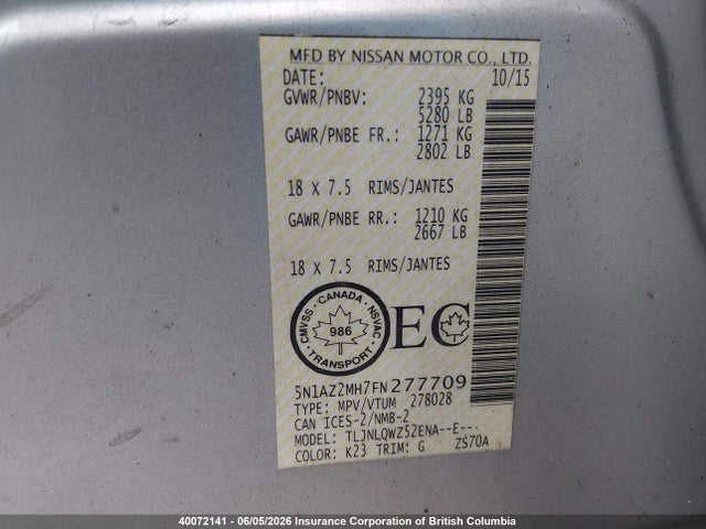 40072141 :رقم المزاد ، 5N1AZ2MH7FN277709 vin ، 2015 Nissan Murano S/sl/sv/platinum مزاد بيع