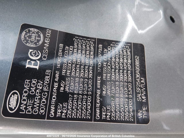 40072225 :رقم المزاد ، SALSF25436A958852 vin ، 2006 Land Rover Range Rover Sport Hse مزاد بيع