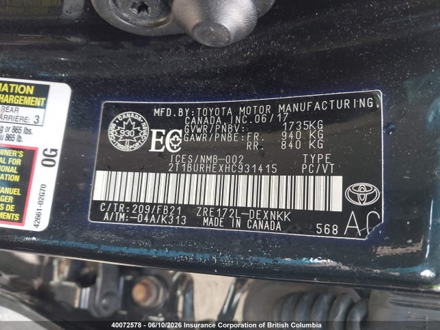 Продаж на аукціоні авто 2017 Toyota Corolla L/le/xle/se/xse, vin: 2T1BURHEXHC931415, номер лоту: 40072578