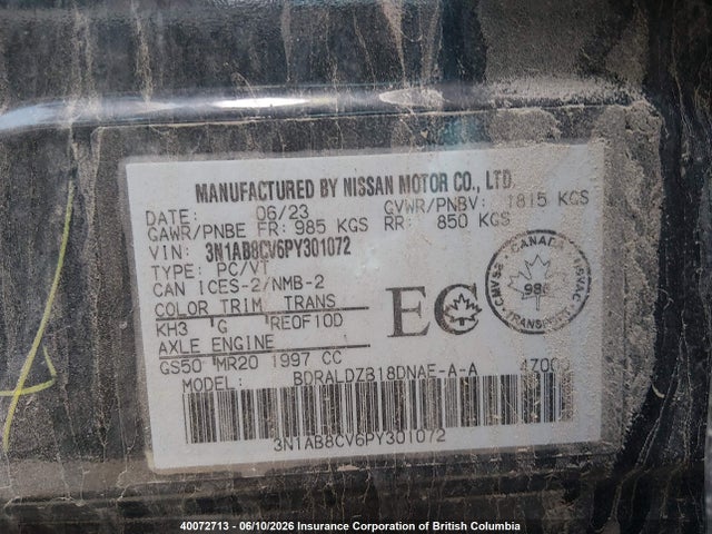 40072713 :رقم المزاد ، 3N1AB8CV6PY301072 vin ، 2023 Nissan Sentra Sv مزاد بيع
