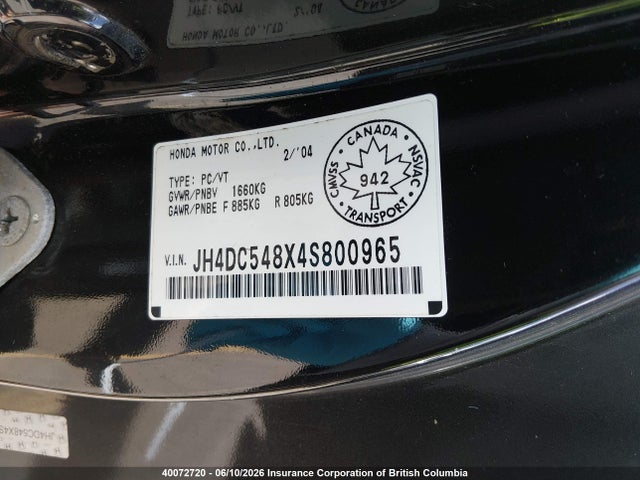Auction sale of the 2004 Acura Rsx, vin: JH4DC548X4S800965, lot number: 40072720