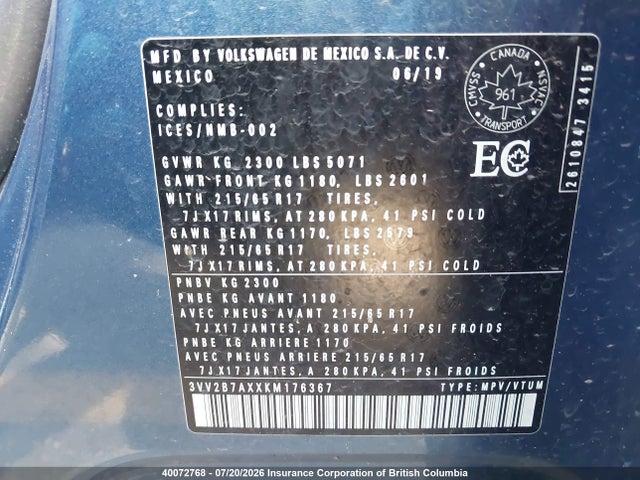 Aukcja sprzedaży 2019 Volkswagen Tiguan Comfortline, vin: 3VV2B7AXXKM176367, numer aukcji: 40072768