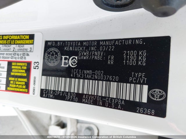Toyota Camry 2022 4T1K31AK2NU037620 Image 9