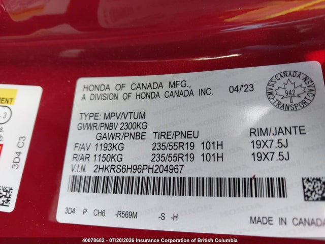 2HKRS6H96PH204967 Honda Cr-v Touring Hybrid