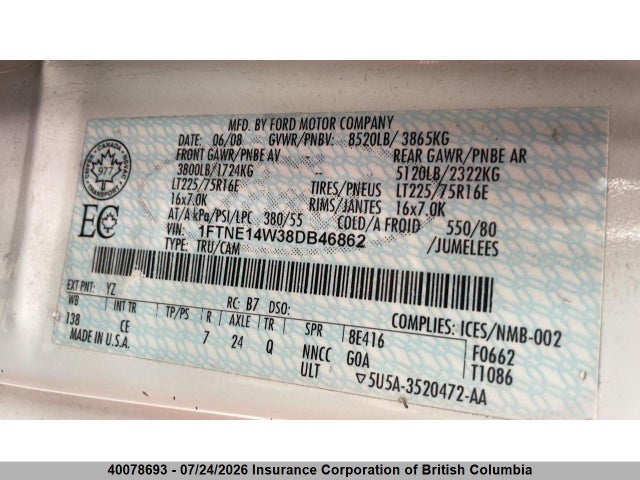Aukcja sprzedaży 2008 Ford Ford E150, vin: 1FTNE14W38DB46862, numer aukcji: 40078693