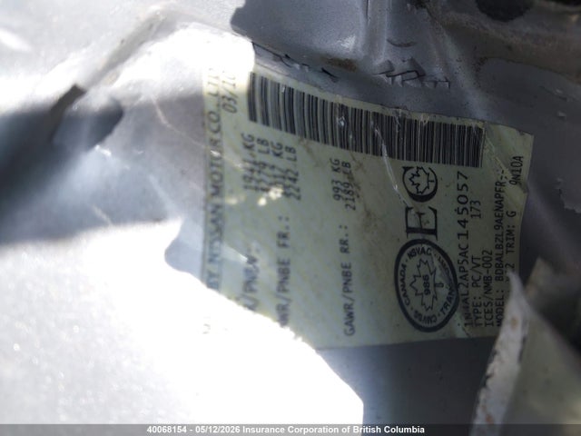 40068154 :رقم المزاد ، 1N4AL2AP5AC145057 vin ، 2010 Nissan Altima S مزاد بيع