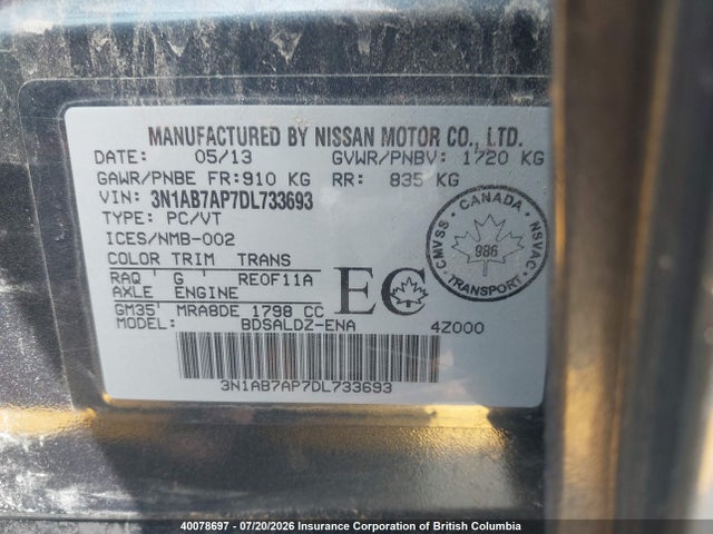 40078697 :رقم المزاد ، 3N1AB7AP7DL733693 vin ، 2013 Nissan Sentra S/sv/sr/sl مزاد بيع