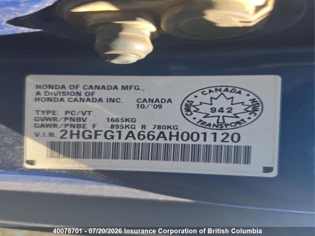 40078701 :رقم المزاد ، 2HGFG1A66AH001120 vin ، 2010 Honda Civic مزاد بيع