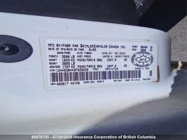 Продажа на аукционе авто 2003 Dodge Durango Sport, vin: 1D4HS38N43F625259, номер лота: 40078705
