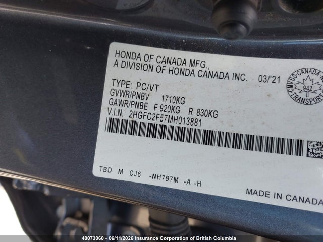 Aukcja sprzedaży 2021 Honda Civic Lx, vin: 2HGFC2F57MH013881, numer aukcji: 40073060
