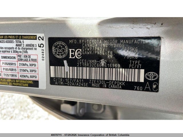 Продаж на аукціоні авто 2006 Toyota Corolla Ce/le/s, vin: 2T1BR32E66C616969, номер лоту: 40078715