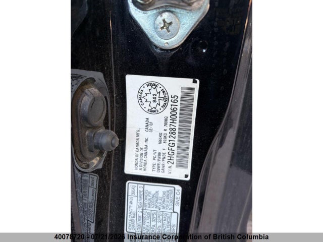 40078720 :رقم المزاد ، 2HGFG12887H006165 vin ، 2007 Honda Civic مزاد بيع