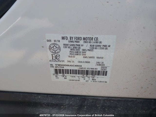 Ford EXPLORER XLT 2018 1FM5K8D89JGC49934 Image 9