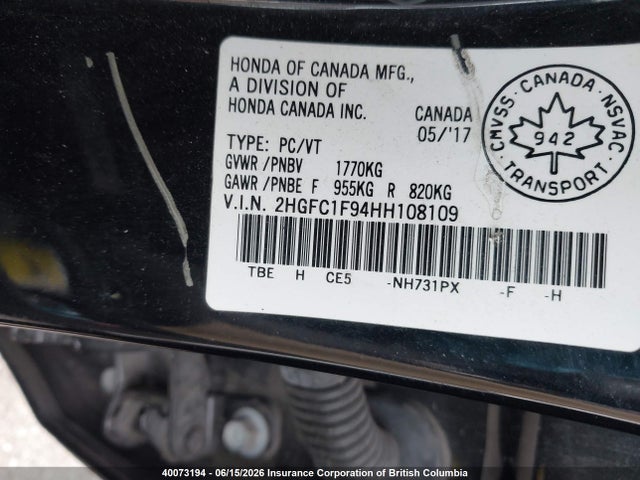 Honda Civic Touring 2017 2HGFC1F94HH108109 Image 9