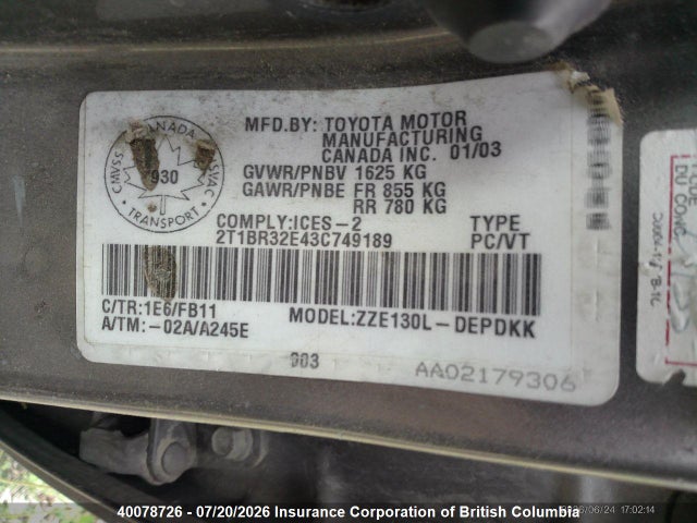 Продаж на аукціоні авто 2003 Toyota Corolla Ce/le/s, vin: 2T1BR32E43C749189, номер лоту: 40078726
