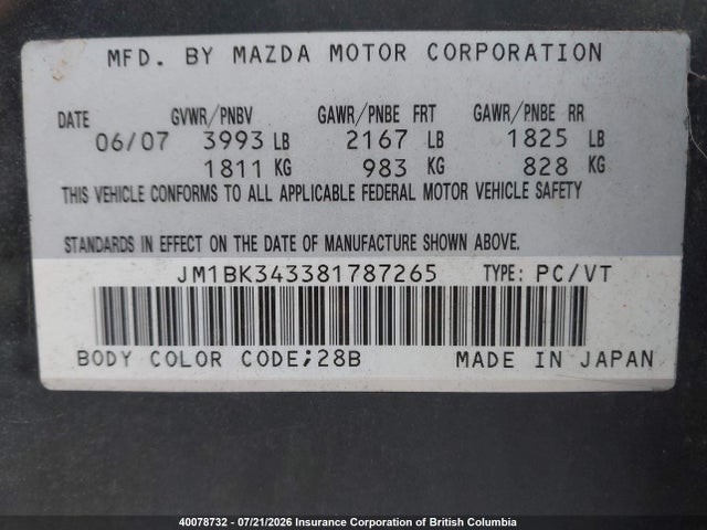 Aukcja sprzedaży 2008 Mazda 3 Hatchback, vin: JM1BK343381787265, numer aukcji: 40078732