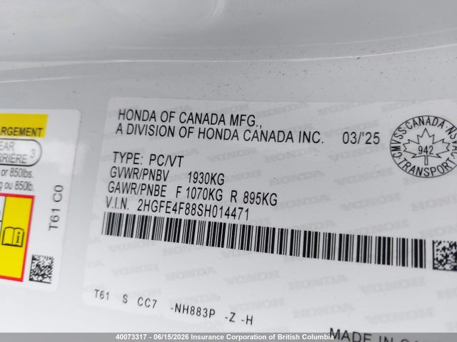2025 Honda Civic Sport/sport Touring მანქანა იყიდება აუქციონზე, vin: 2HGFE4F88SH014471, აუქციონის ნომერი: 40073317