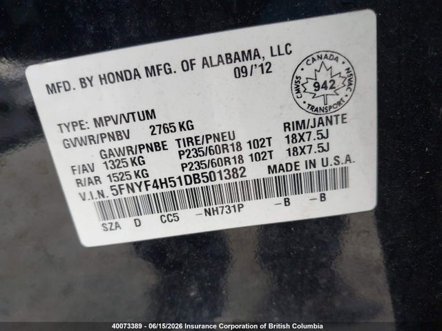 Продажа на аукционе авто 2013 Honda Pilot Exl, vin: 5FNYF4H51DB501382, номер лота: 40073389