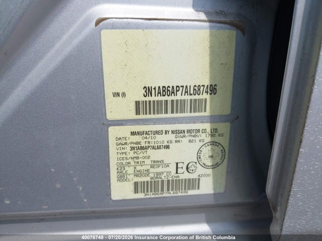 40078748 :رقم المزاد ، 3N1AB6AP7AL687496 vin ، 2010 Nissan Sentra 2.0/2.0s/sr/2.0sl مزاد بيع