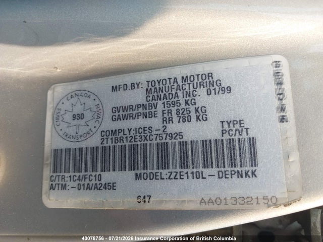 Продаж на аукціоні авто 1999 Toyota Corolla Ce/le, vin: 2T1BR12E3XC757925, номер лоту: 40078756
