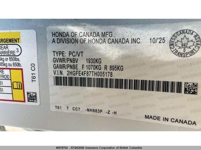 2026 Honda Civic მანქანა იყიდება აუქციონზე, vin: 2HGFE4F87TH005178, აუქციონის ნომერი: 40078762