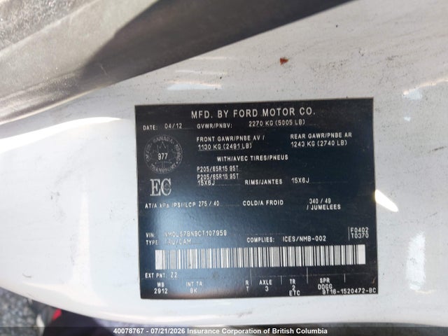 40078767 :رقم المزاد ، NM0LS7BN9CT107959 vin ، 2012 Ford Transit Connect Xlt مزاد بيع