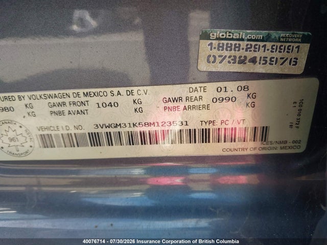 40076714 :رقم المزاد ، 3VWGM31K58M123531 vin ، 2008 Volkswagen Jetta 2.5l مزاد بيع