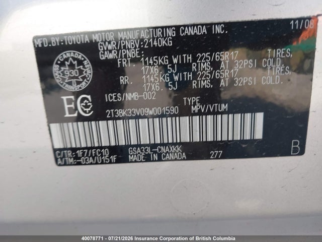 Продаж на аукціоні авто 2009 Toyota Rav4, vin: 2T3BK33V09W001590, номер лоту: 40078771