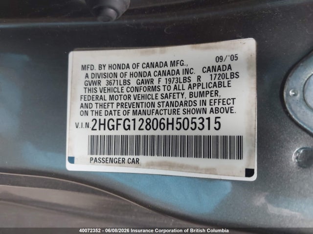 40072352 :رقم المزاد ، 2HGFG12806H505315 vin ، 2006 Honda Civic Ex مزاد بيع