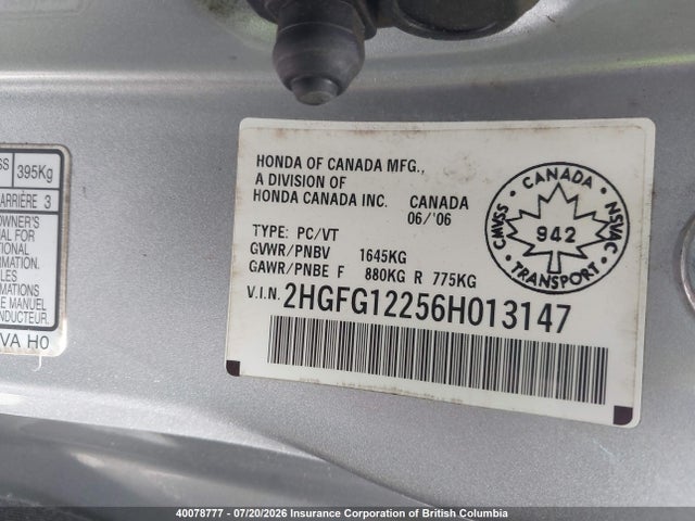 Aukcja sprzedaży 2006 Honda Civic, vin: 2HGFG12256H013147, numer aukcji: 40078777