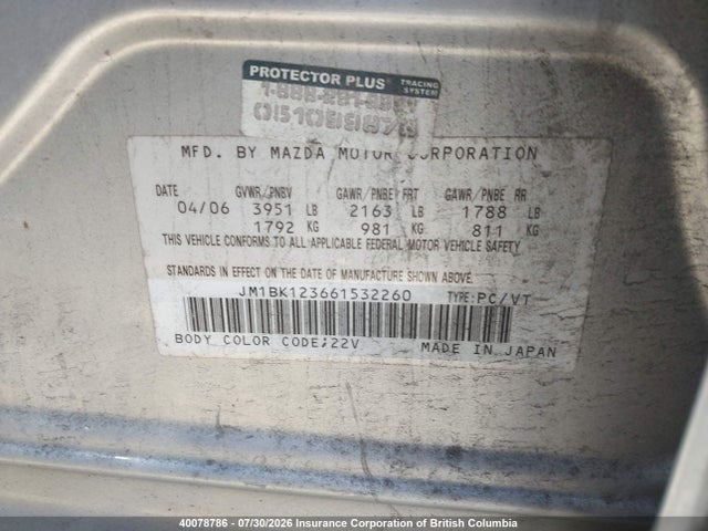 Aukcja sprzedaży 2006 Mazda 3 S, vin: JM1BK123661532260, numer aukcji: 40078786