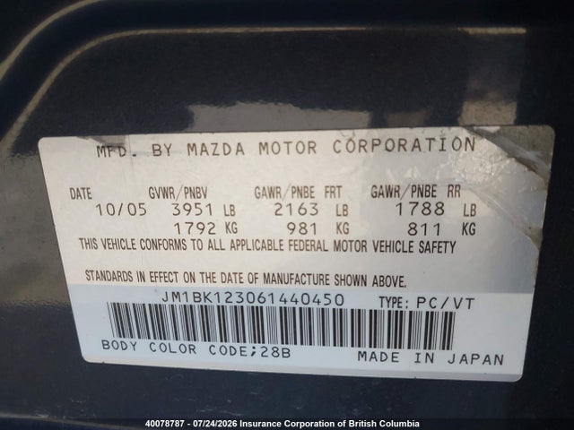 Продаж на аукціоні авто 2006 Mazda 3 S, vin: JM1BK123061440450, номер лоту: 40078787
