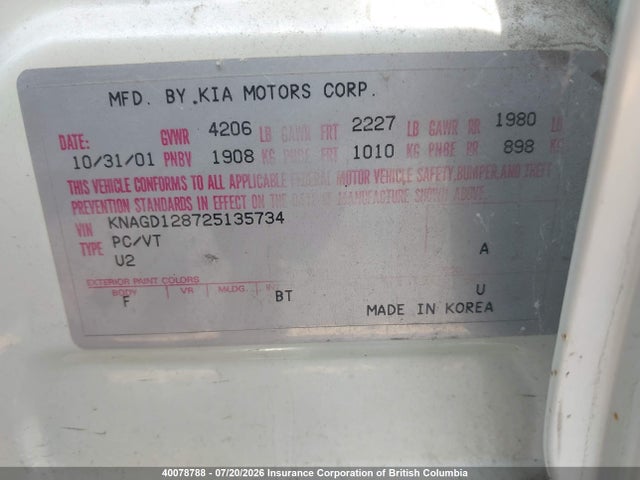 Aukcja sprzedaży 2002 Kia Magentis Lx V6/se, vin: KNAGD128725135734, numer aukcji: 40078788