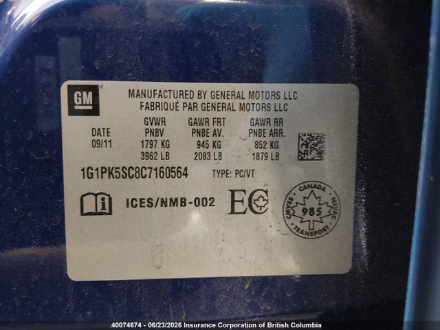 2012 Chevrolet Cruze Eco მანქანა იყიდება აუქციონზე, vin: 1G1PK5SC8C7160564, აუქციონის ნომერი: 40074674
