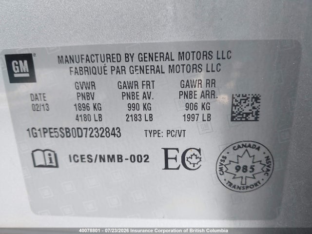 2013 Chevrolet Cruze მანქანა იყიდება აუქციონზე, vin: 1G1PE5SB0D7232843, აუქციონის ნომერი: 40078801