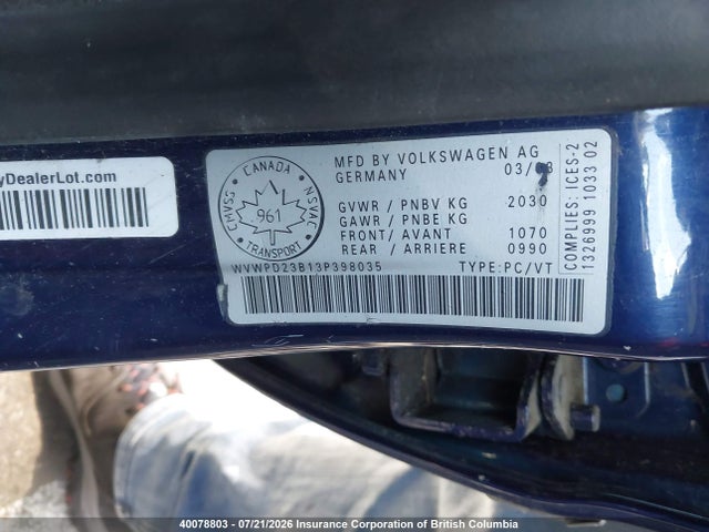Aukcja sprzedaży 2003 Volkswagen Passat Gls, vin: WVWPD23B13P398035, numer aukcji: 40078803