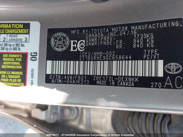 Продаж на аукціоні авто 2016 Toyota Corolla L/le/le Pls/prm/s/s Pls, vin: 2T1BURHE9GC658644, номер лоту: 40078817