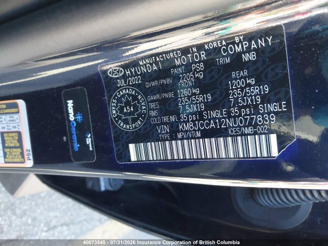 Продажа на аукционе авто 2022 Hyundai Tucson Luxury/ultimate, vin: KM8JCCA12NU077839, номер лота: 40073545