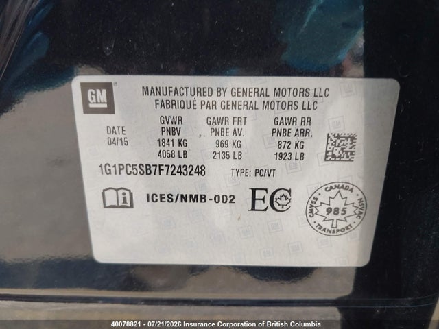 Chevrolet Cruze 2015 1G1PC5SB7F7243248 Image 9