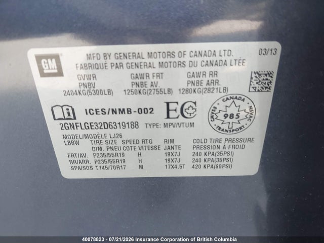 2013 Chevrolet Equinox Ltz მანქანა იყიდება აუქციონზე, vin: 2GNFLGE32D6319188, აუქციონის ნომერი: 40078823