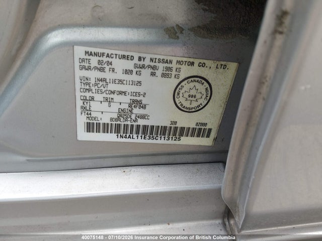 Aukcja sprzedaży 2005 Nissan Altima S/sl, vin: 1N4AL11E35C113125, numer aukcji: 40075148