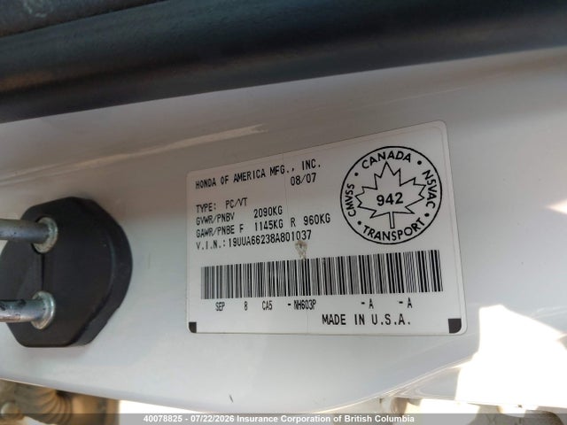 40078825 :رقم المزاد ، 19UUA66238A801037 vin ، 2008 Acura Tl مزاد بيع