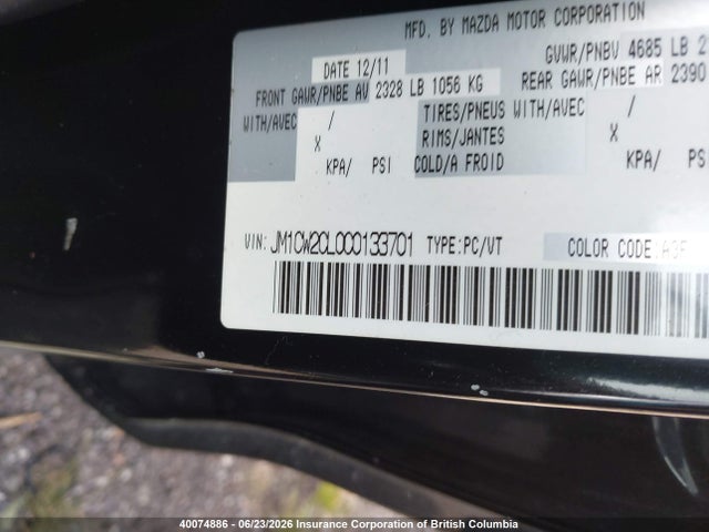 40074886 :رقم المزاد ، JM1CW2CL0C0133701 vin ، 2012 Mazda 5 مزاد بيع