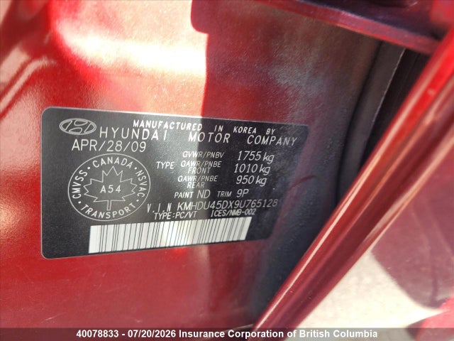 40078833 :رقم المزاد ، KMHDU45DX9U765128 vin ، 2009 Hyundai Elantra Gls/se مزاد بيع